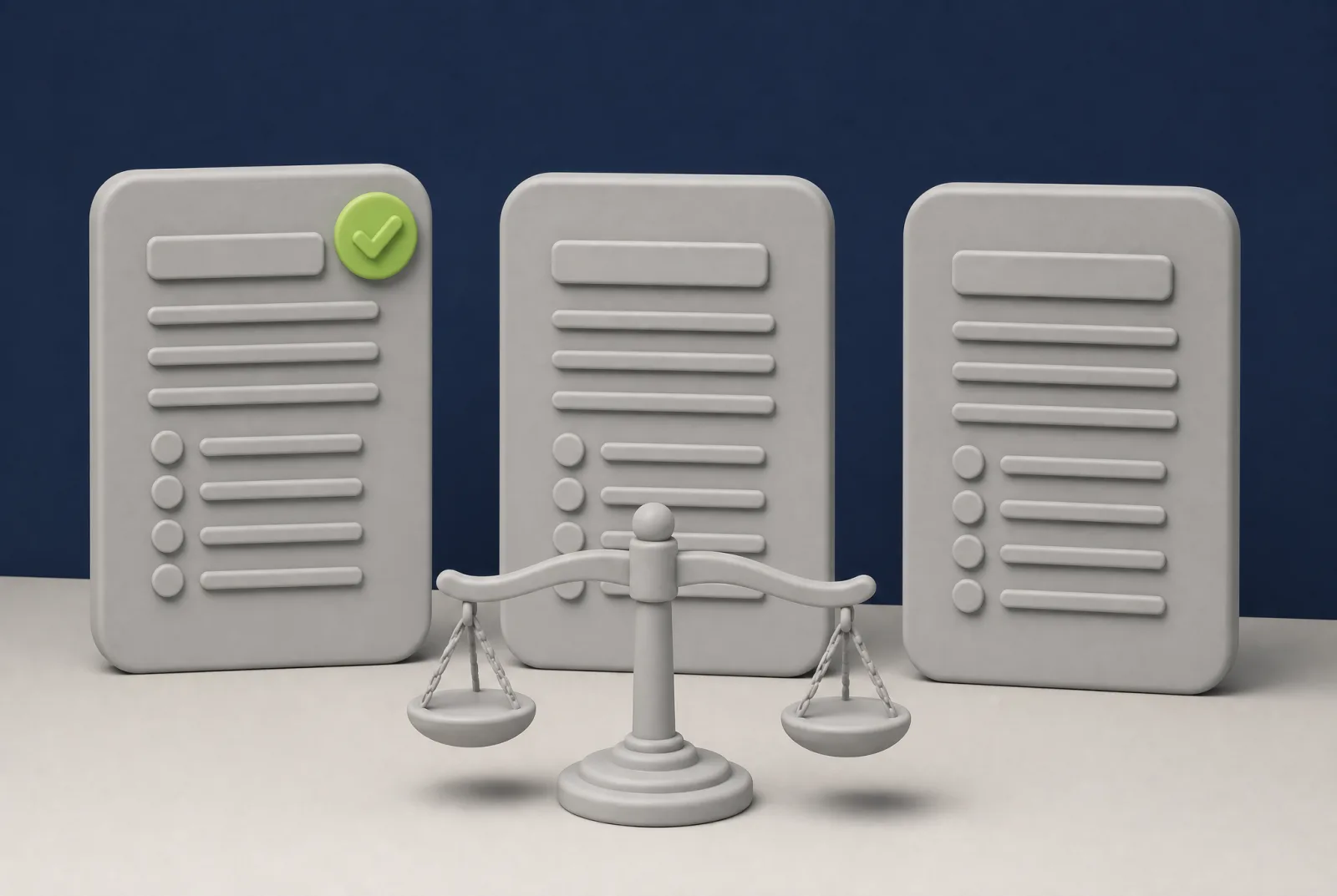 Three clay documents side by side behind a balance scale, one marked with a green tick