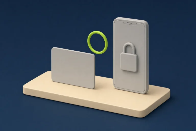 A blank bank card beside a phone showing a padlock, with a green ring between them for the bank confirming the payment