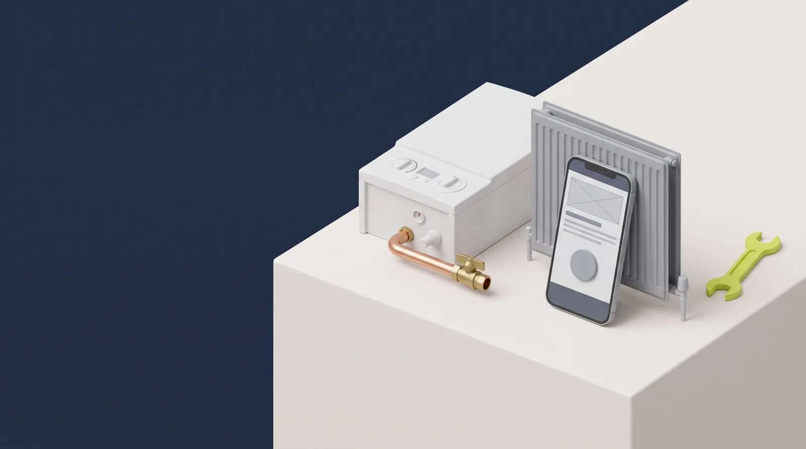 A boiler, copper pipe, radiator and a phone showing a simple website with a call button